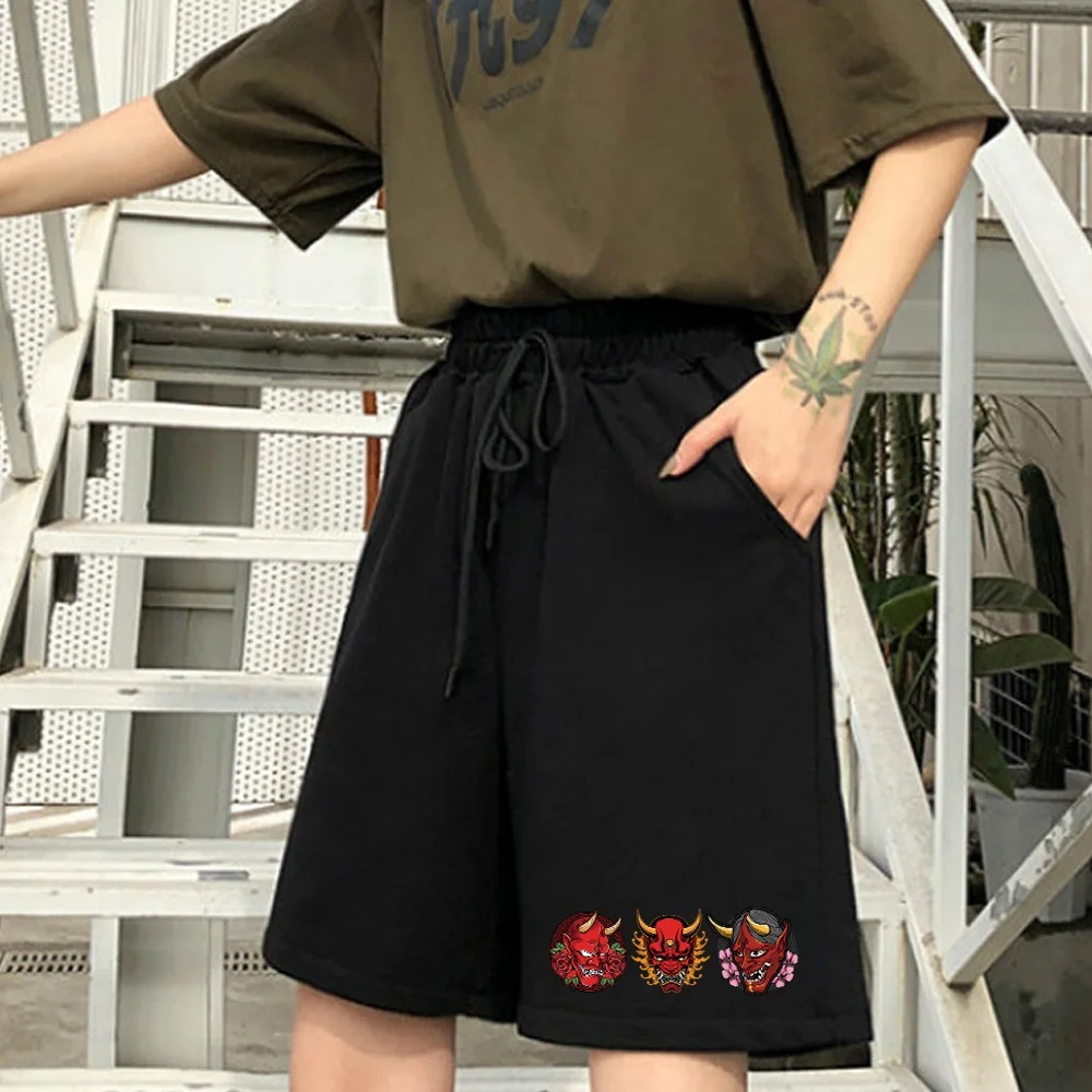 Celana Pendek Kasual Wanita Celana Crop Jalanan Seri Cetak Samurai Lucu Celana Pendek Olahraga Mode Harajuku Wanita Streetwear Korea