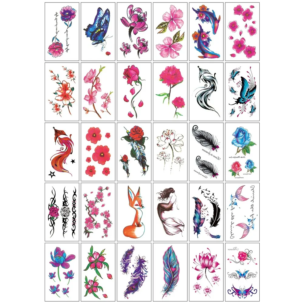 30Sheet Tattoo Stickers English Word Waterproof Long Lasting Realistic Transfer Temporary Black Letters Feather Flower Body Art