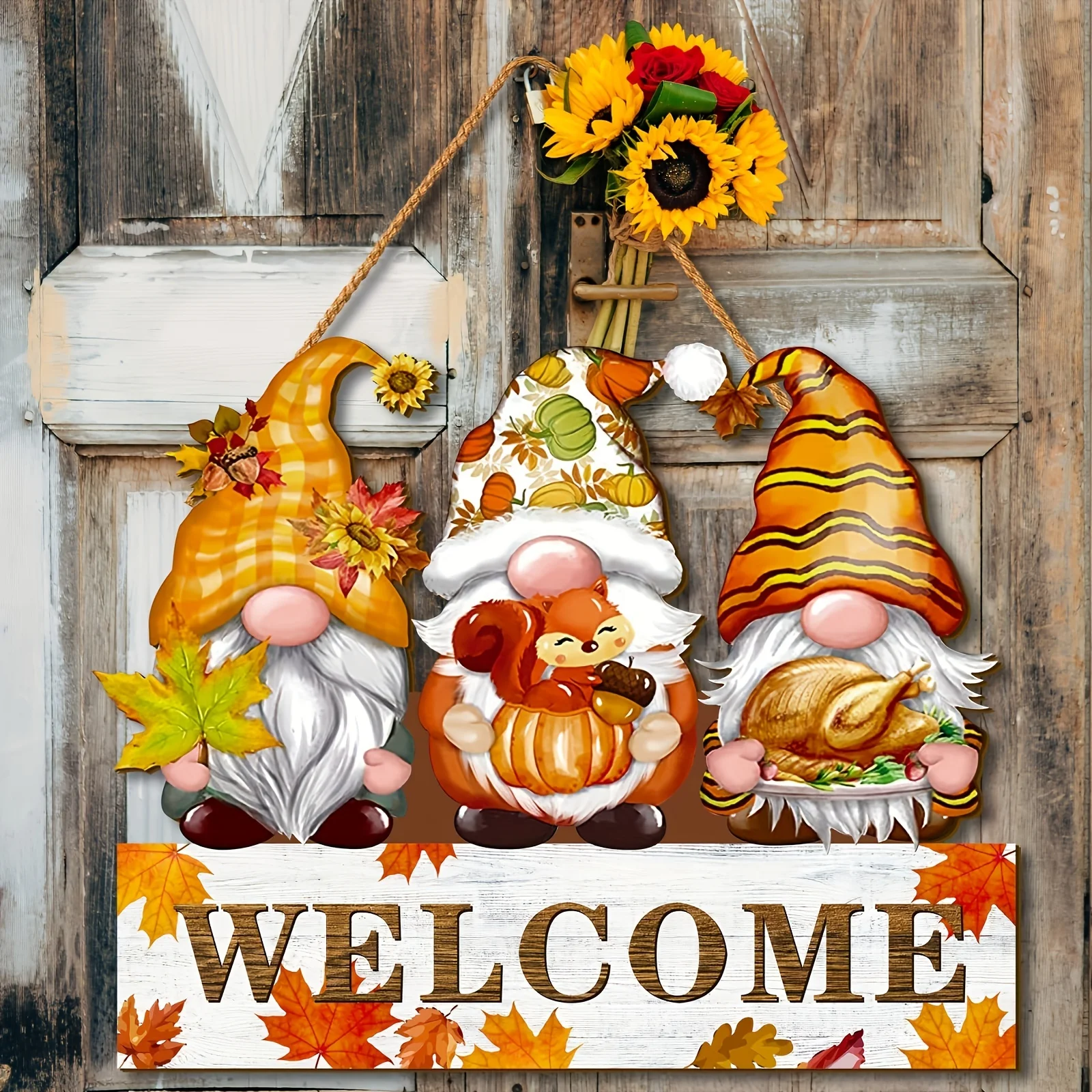 Rustic Fall Gnome Welcome Wooden Hanging Sign Autumn Maple Pumpkin Squirrel Turkey Plaque Thanksgiving Farmhouse Front Door Wall