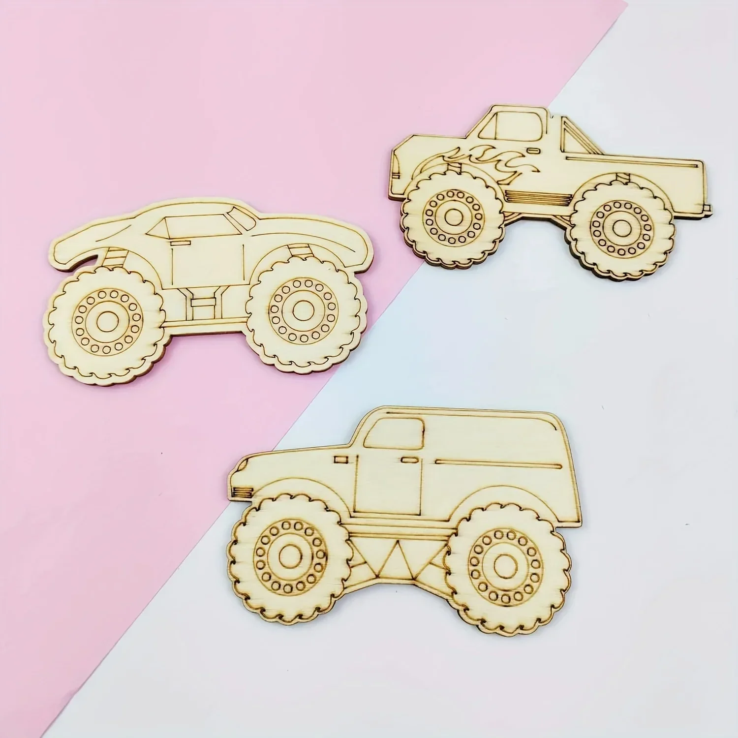 21pcs Unfinished Wood Monster Truck Cutouts Crafts Truck Party Favors Vehicles to Paint Wooden Truck Hanging Ornaments