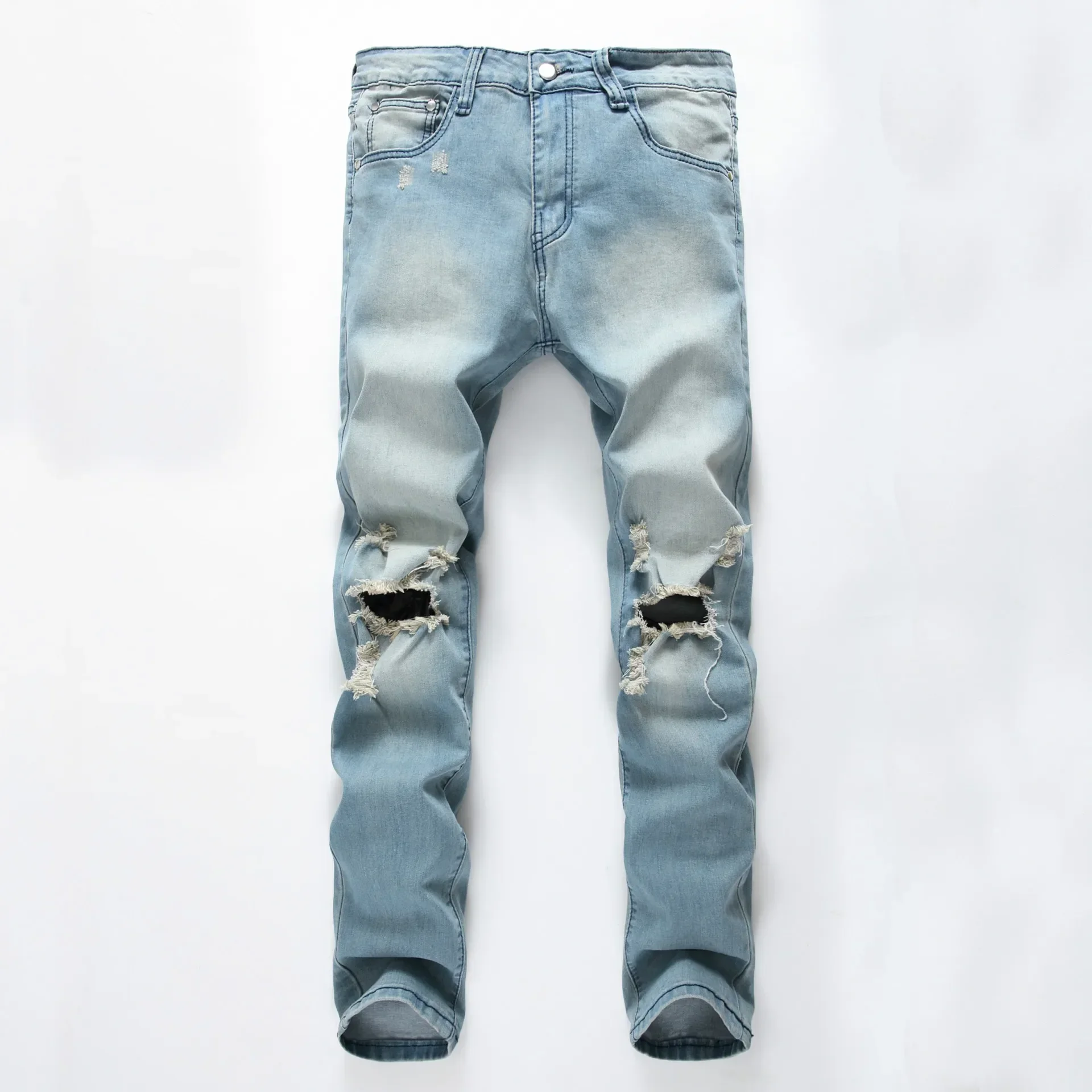 

Hole Denim Pencil Pants Washed Distressed Jeans Men Vintage Mid Waist Skinny Stretch Ankle Length Trousers 2024 Streetwear