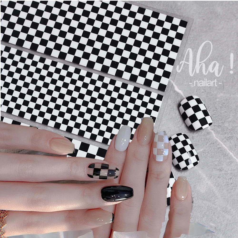 1Pc Nail Art Stickers Black/white Checkerboard 3D Ultra-thin  Manicure Back Adhesive Self-adhesive Square Nail Decoration