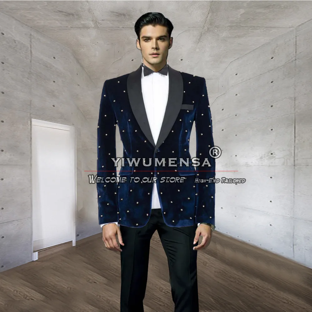 Elegant Navy Velvet Pearls Suits Men For Wedding Single Breasted Jacket With Solid Black Pans 2 Piece Man Business Prom Tuxedos