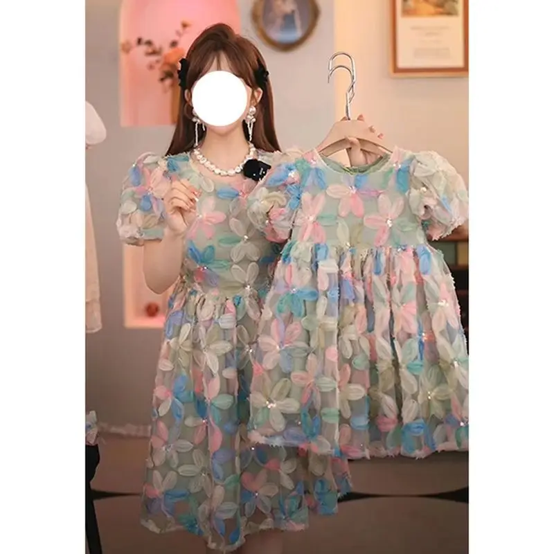 Girls Dress 2023 Summer New Korean Version of Mesh Heavy Craft Dress Princess Skirt Boutique Clothing Simple Style