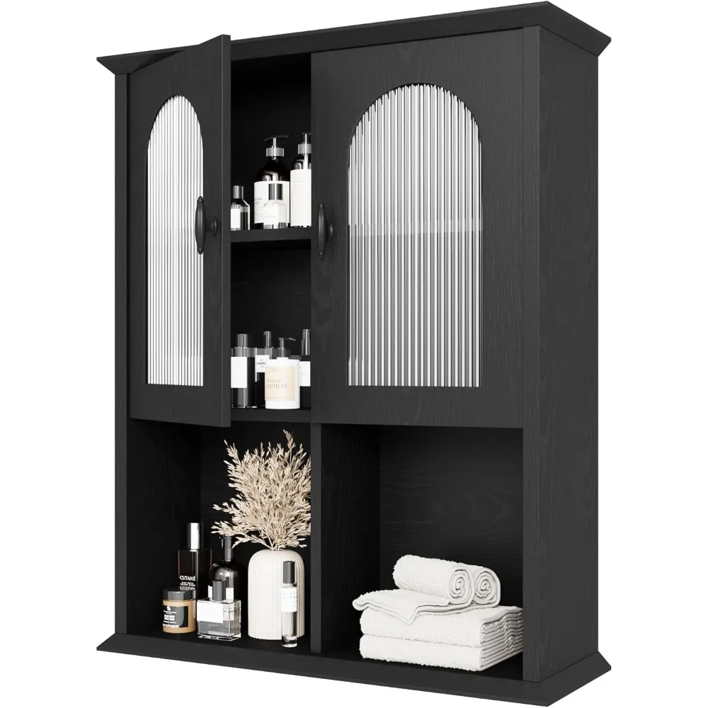 

Bathroom Wall Cabinet With Fluted Door, 23.6'' X 29.5'' Medicine Cabinet, Over The Toilet Storage Cabinet, Black
