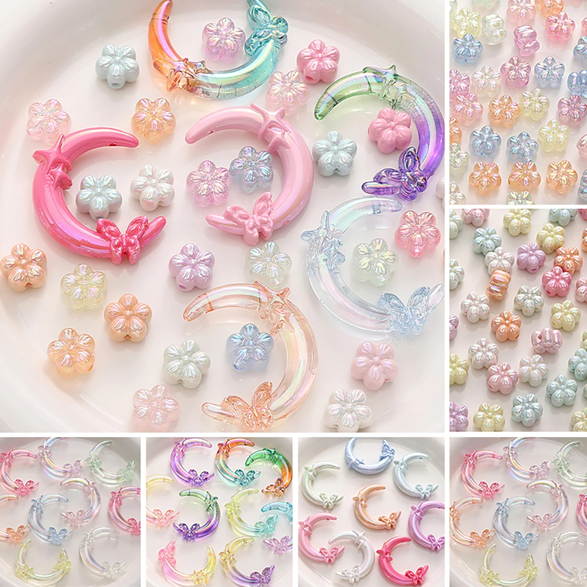 5pcs Plum Blossom Butterfly Star Moon Acrylic Bead UV Coating Double Hole DIY Jewelry Making Mobile Phone Chain Accessories