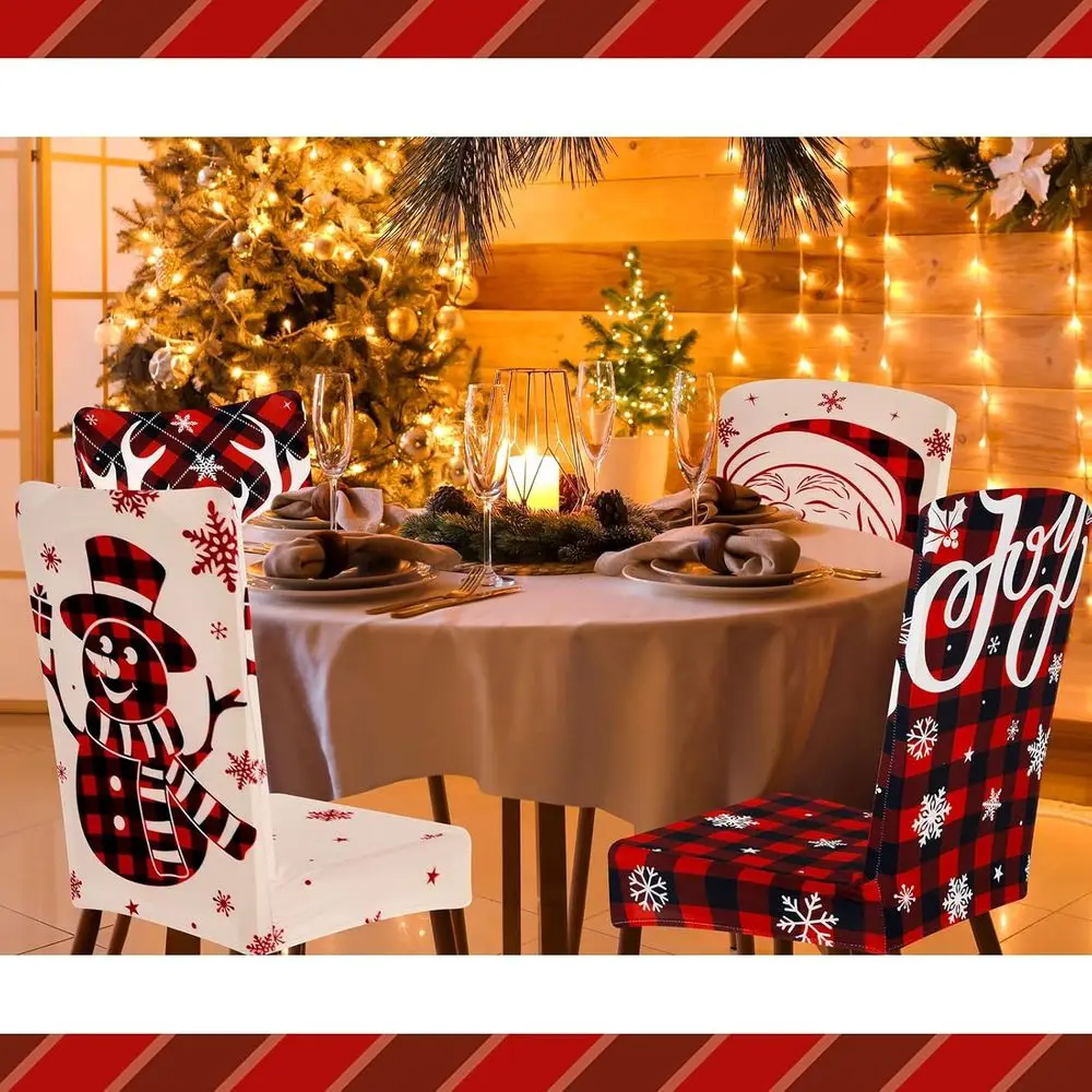أغطية كراسي عيد الميلاد المطاطية مع سانتا ورقائق الثلج ورجل الثلج لحماية غرفة الطعام الاحتفالية