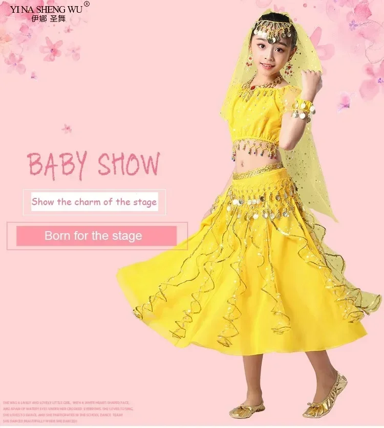 Indisches orientalisches ägyptisches Bauchtanz-Kostümset für Mädchen, 6 Farben, Bühnenoutfit für Kinder, Bauchtanzkleidung – Detail 1