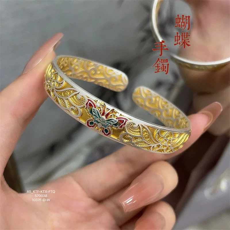 Silver 999.9 Style Gold Pansy Silk Open-Ended Bracelet Solid New Dynamic