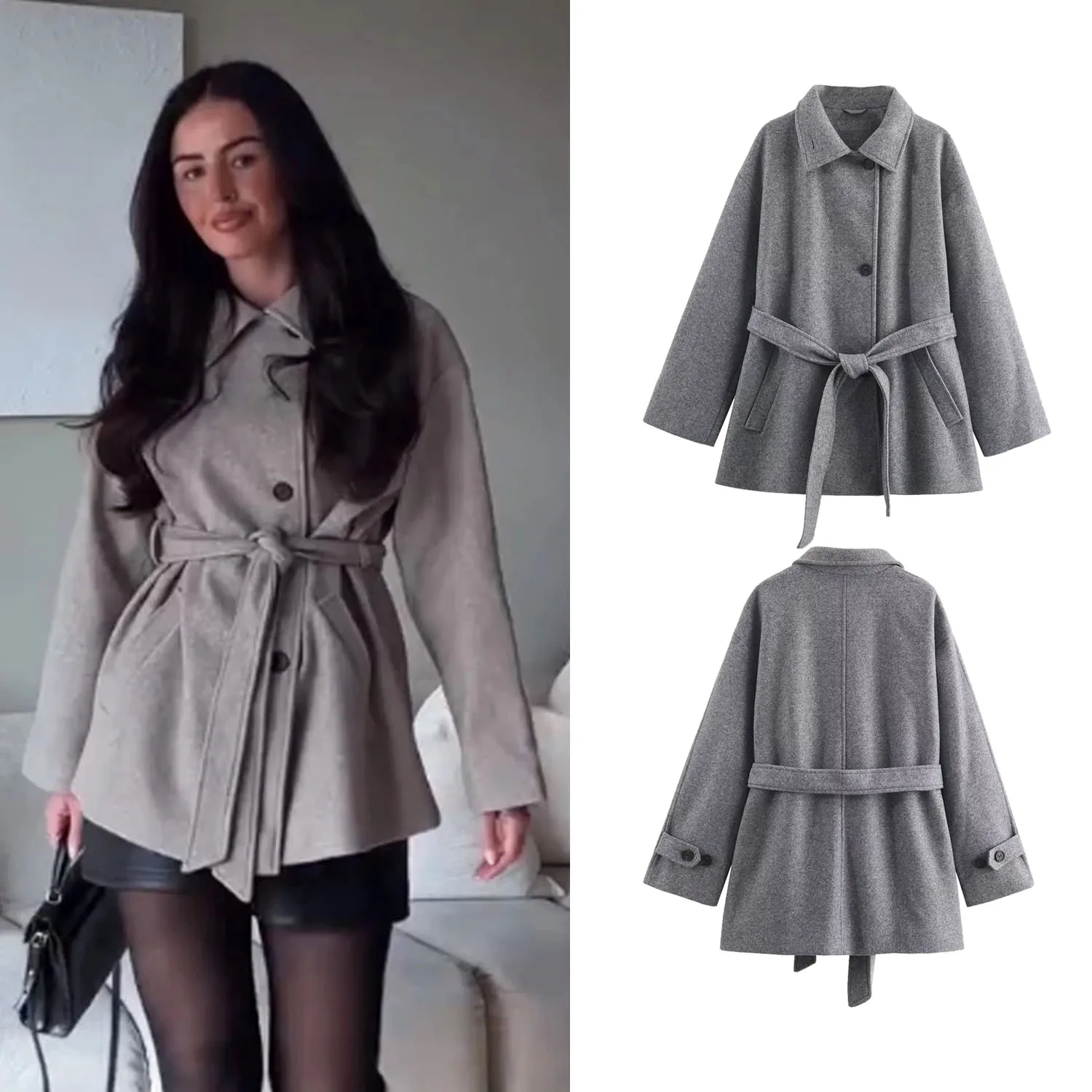 

Women Wool Coat With Belt Autumn Winter Female Laple Long Sleeve Single-Breasted Outwear Coat Lady Loose Jackets