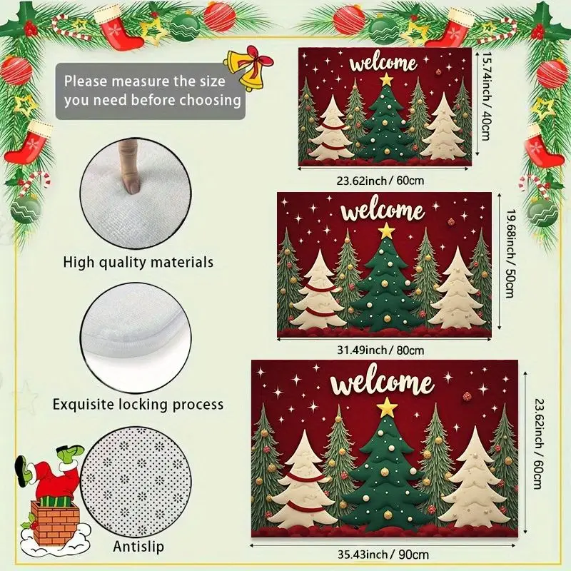 VIKAMA Dark Red Christmas Tree Entry Mat Welcome Script Gold Star Holiday Door Mat for Front Door Porch Winter Home Decor Gift