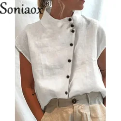 Elegant Katoenen Linnen Staande Hals Shirt Dames 2023 Zomer Eenvoudige Stijl Single-Breasted Cardigan Tops Dames Casual Losse Blouse