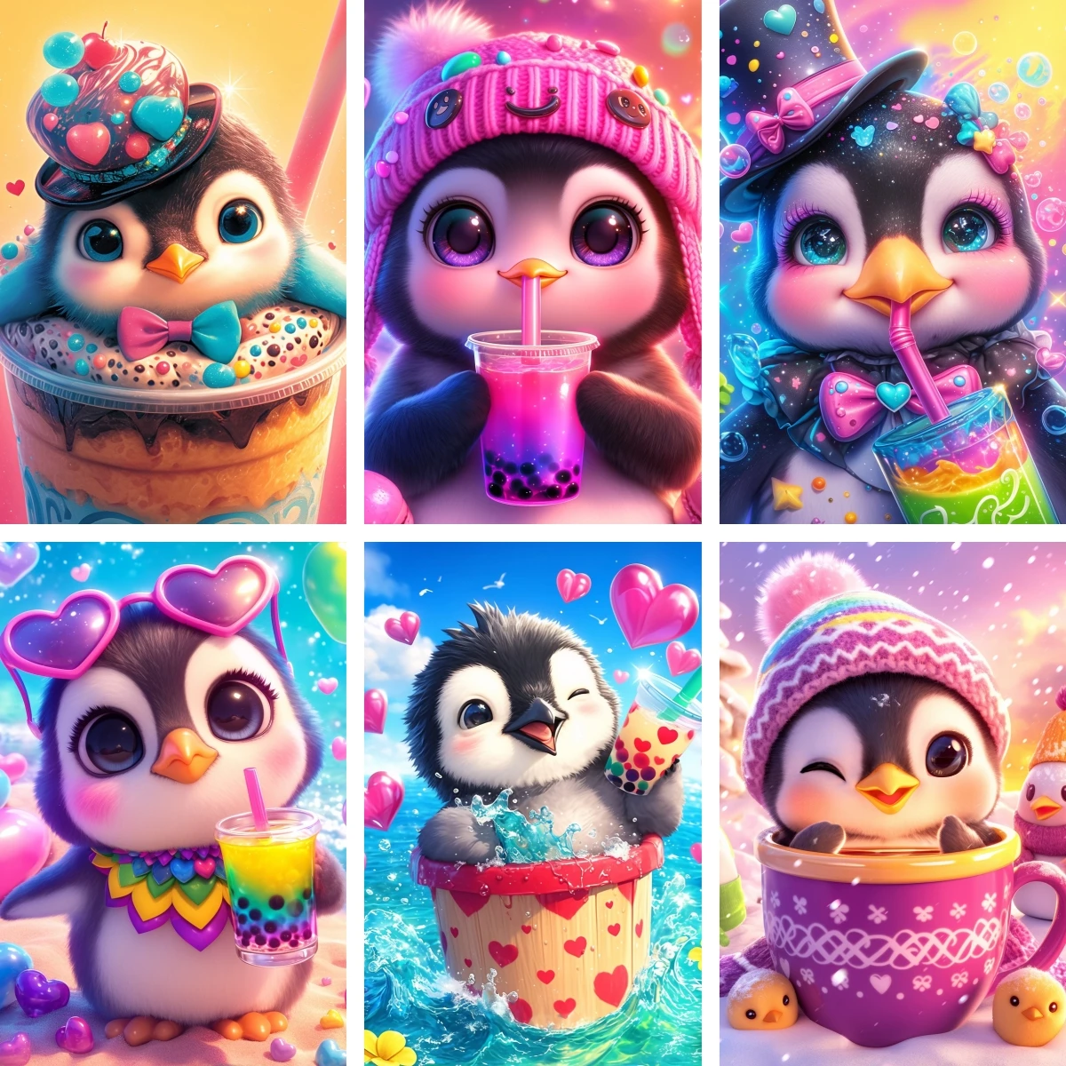 

5D Diamond Painting Embroidery Kawaii Penguin with Boba Set DIY Full Square/Round Winter Bubble Tea Rhinestones Pictures Art