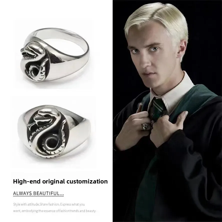 Draco Malfoy Family Crest Snake House Ring aus 925er Thai-Silber, reiner Blutlinie, oval, Retro, glatter Schlangenring, Schmuckzubehör