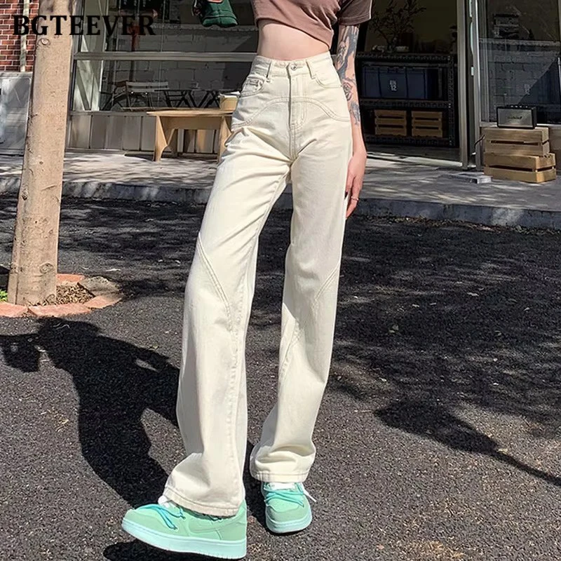 BGTEEVER Stylish High Waist Pockets Female Wide Leg Jeans Trousers Spring Summer Loose Single Button Ladies Straight Denim Pants