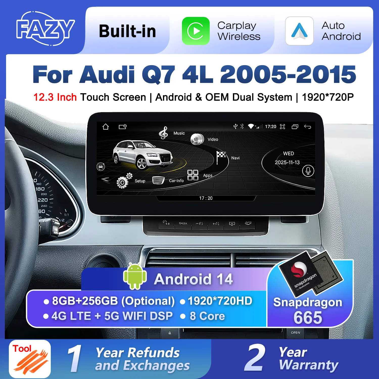 

12,3-дюймовый беспроводной автомобильный экран Qualcomm Android 14, Carplay для Audi Q7 4L 2005-2015, GPS-навигация, мультимедийный стереоплеер, 4G WIFI