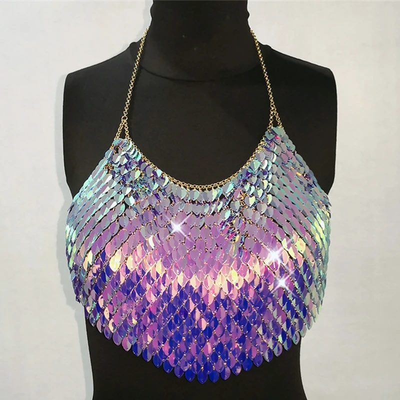 Sexy Mode Zeegezicht Camis Bling Lovertjes Vrouwen Tank Top Halter Backless Mouwloze Crop Tops Sexy Dames Rave Festival Party