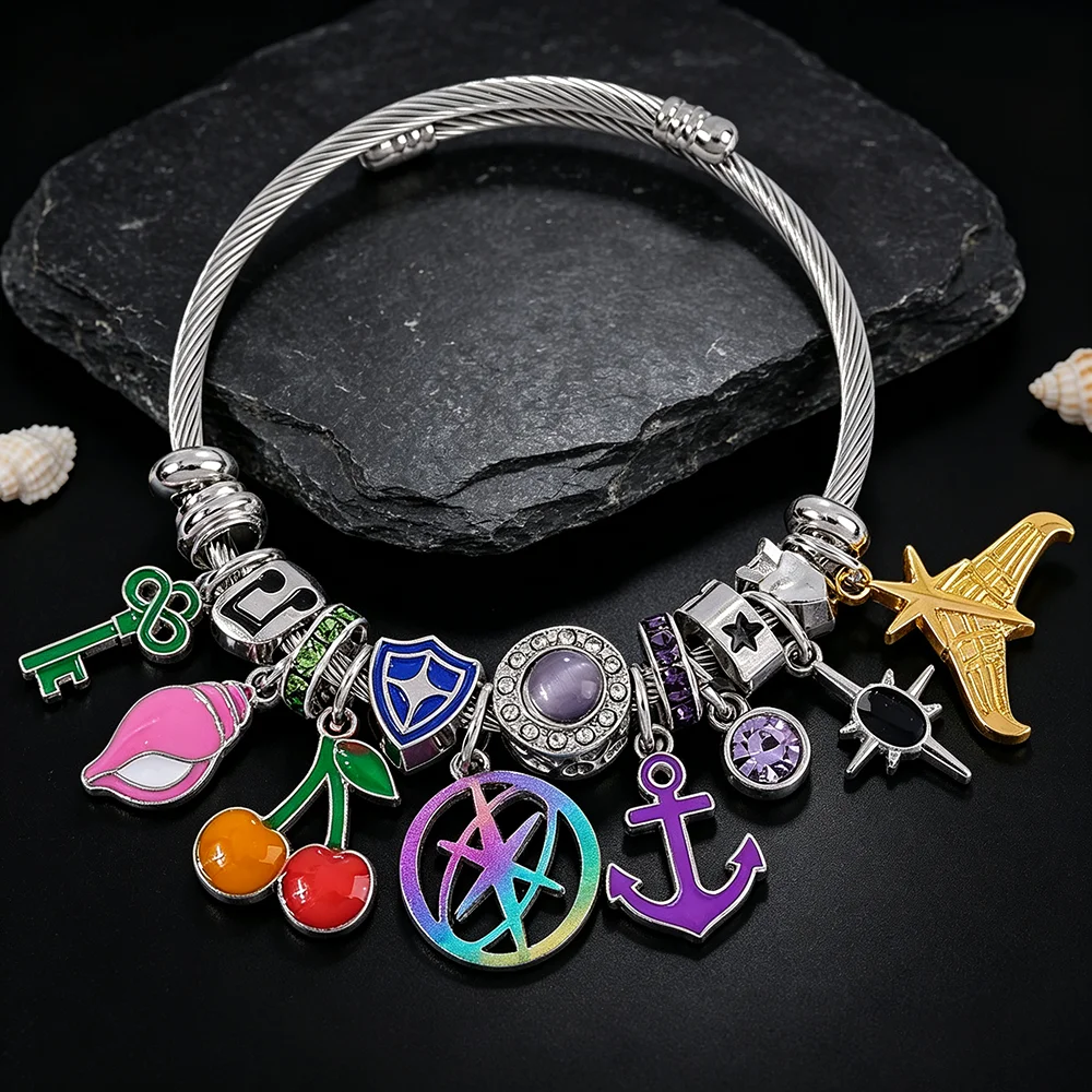 Katseye Charm Bangle Bracelet, Wire Cuff Bracelet with Enamel & Rhinestone Mult‑Charms, K‑pop Girl Group Fans Jewelry Gift