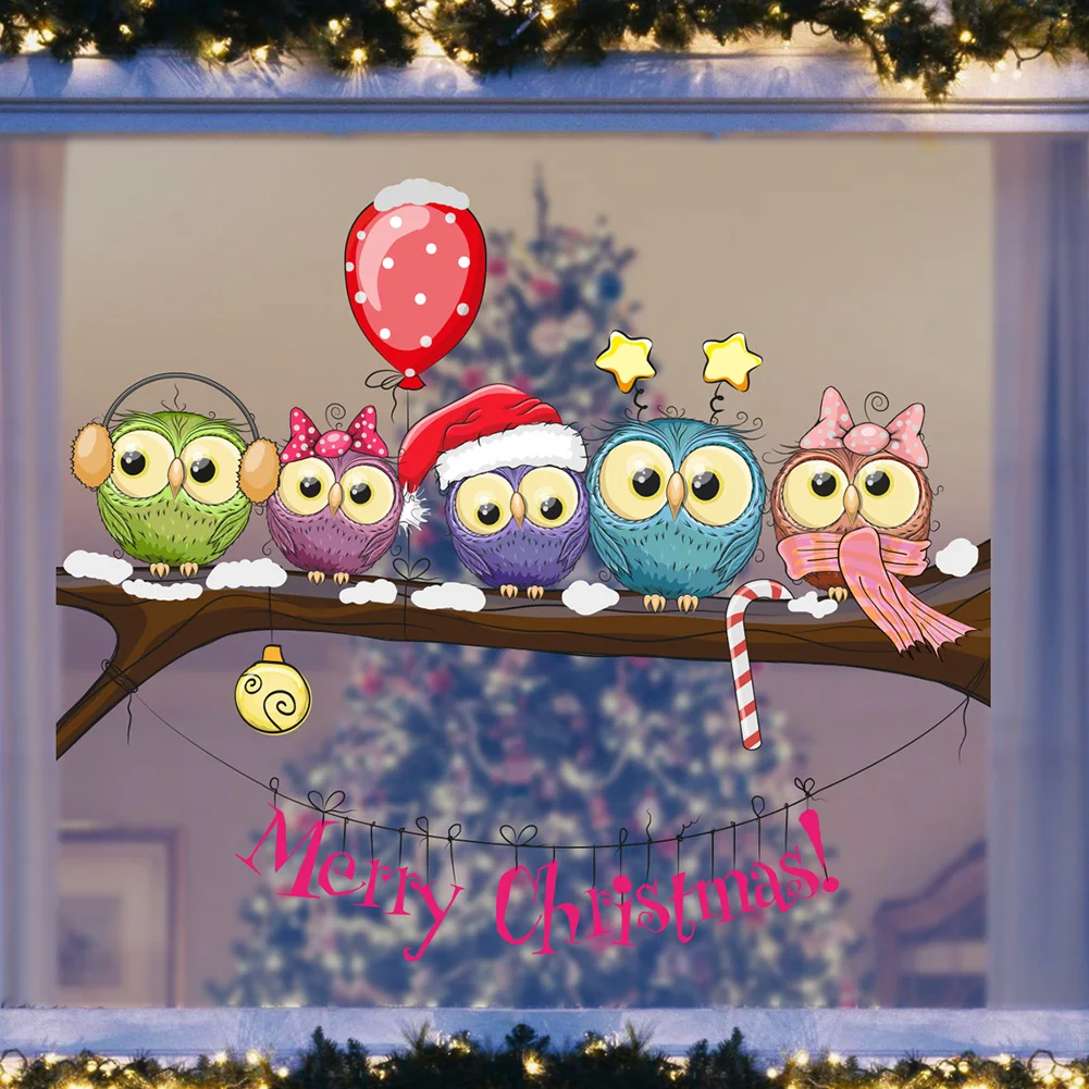 Christmas Owl On Branch Wall Stickers For Home Decor Mural Living Room Decoration Wallpaper Glass Window New Year Festival Decal