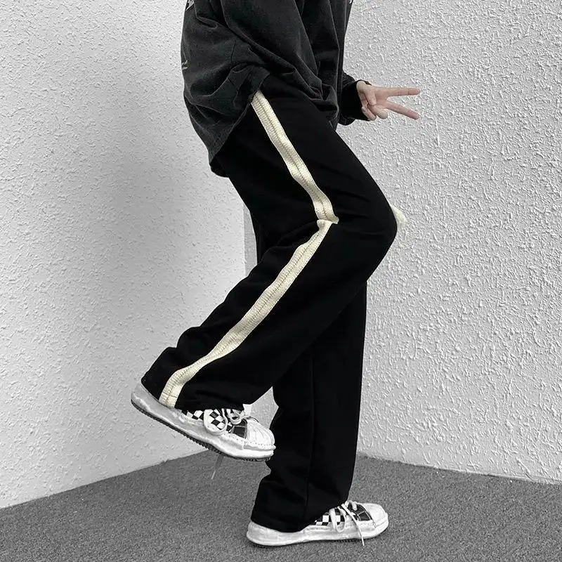 2023 Spring Summer New Contrast Color Vertical Stripe Patchwork Straight Pants Man Elastic Waist Hand Woven Drawstring Trousers