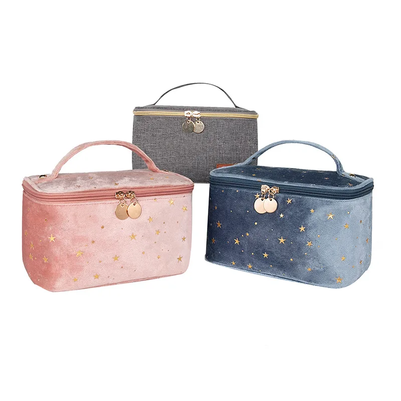 New Makeup Bag Large Capacity Cosmetics Brush Lipstick Travel Toiletry Cases Women Organizer Box Velvet Fabric with Gold Stars