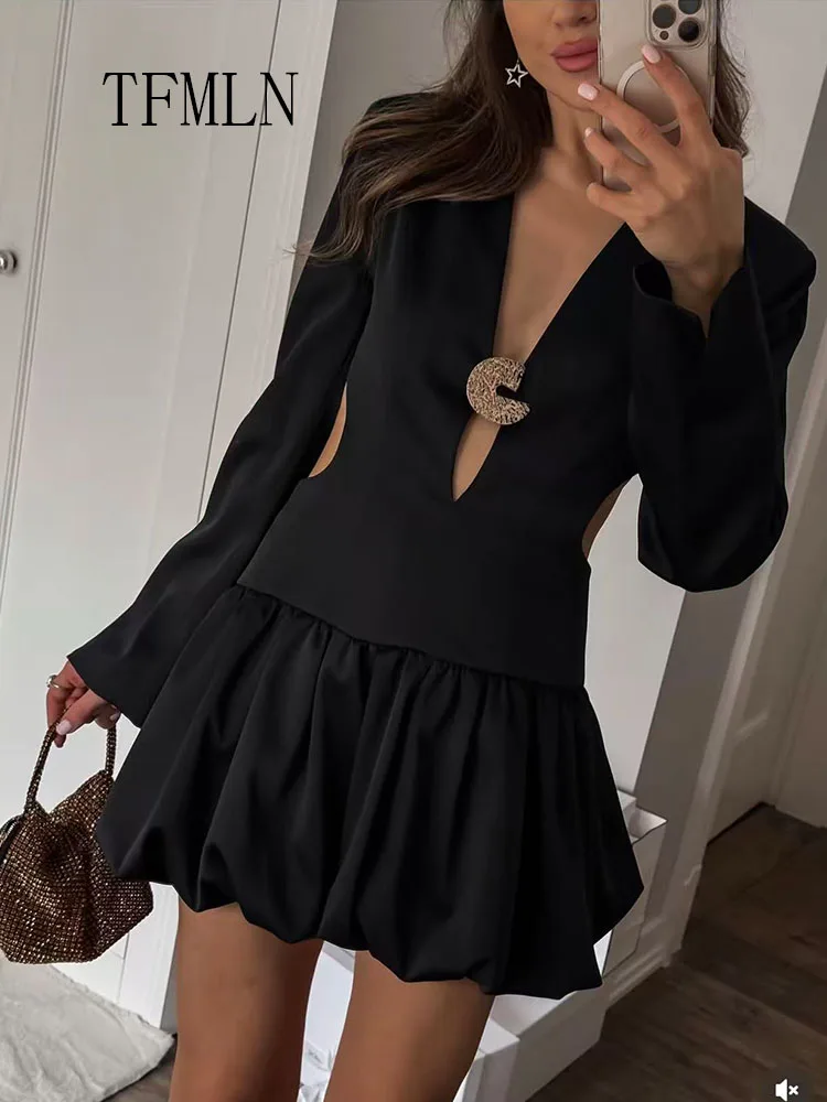 TFMLN 2026 Spring Summer Hollow Out Mini Dress For Women Sexy Backless Long Sleeve Folds Party Dress Elegant Date Night Dress