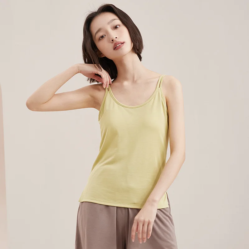 2024 Summer  Women Solid Tank Tops Adjustable Strap Built In Cup Padded Wireless Camisole Camis Vest Female Home Basic Tank Top