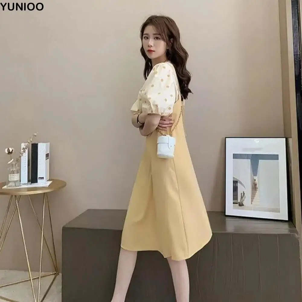 

Loose Puff Sleeve Suspenders Dresses Women Dot Sweet Two Piece Set Dress Beachwear A-line T shirt Dress Spring Summer