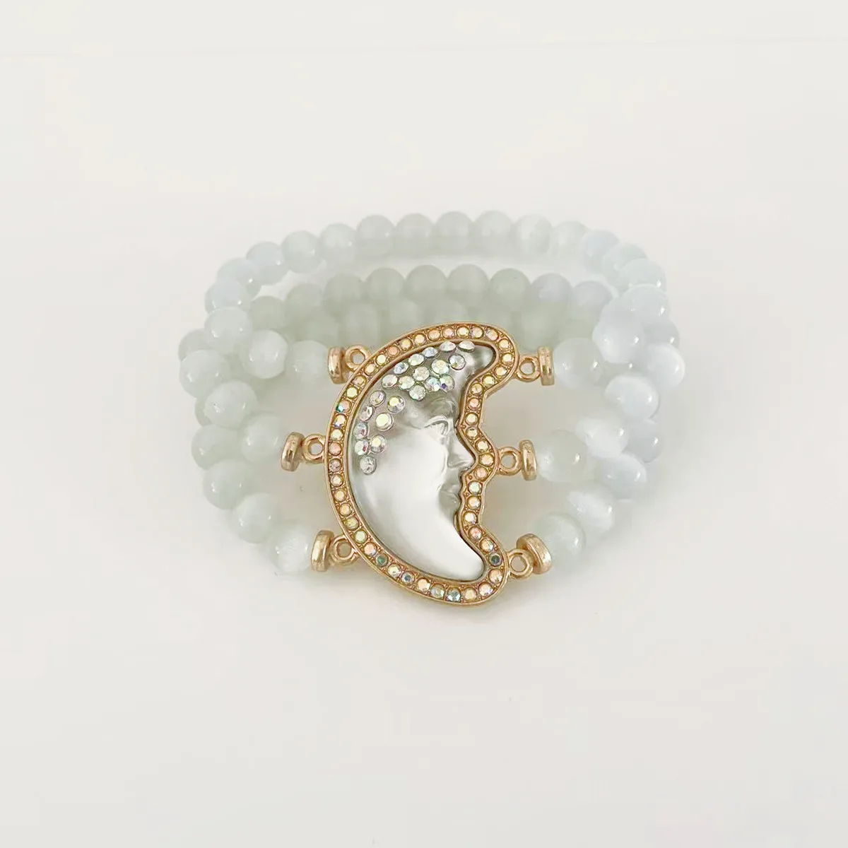 MITTO FASHION JEWELRIES AND HIGH-END ACCESSORIES RHINESTONES PAVED MYSTIC MOON FACE CAT EYE BEADS WOMEN STRETCH BRACELET