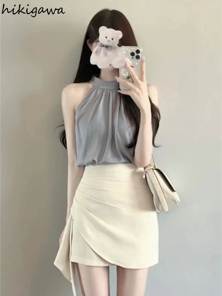 2024 Women Clothing Summer Skirt Two Piece Sets Sleeveless Off Shoulder Tops Tunic High Waist Folds  Bodycon Mini Skirts Suit