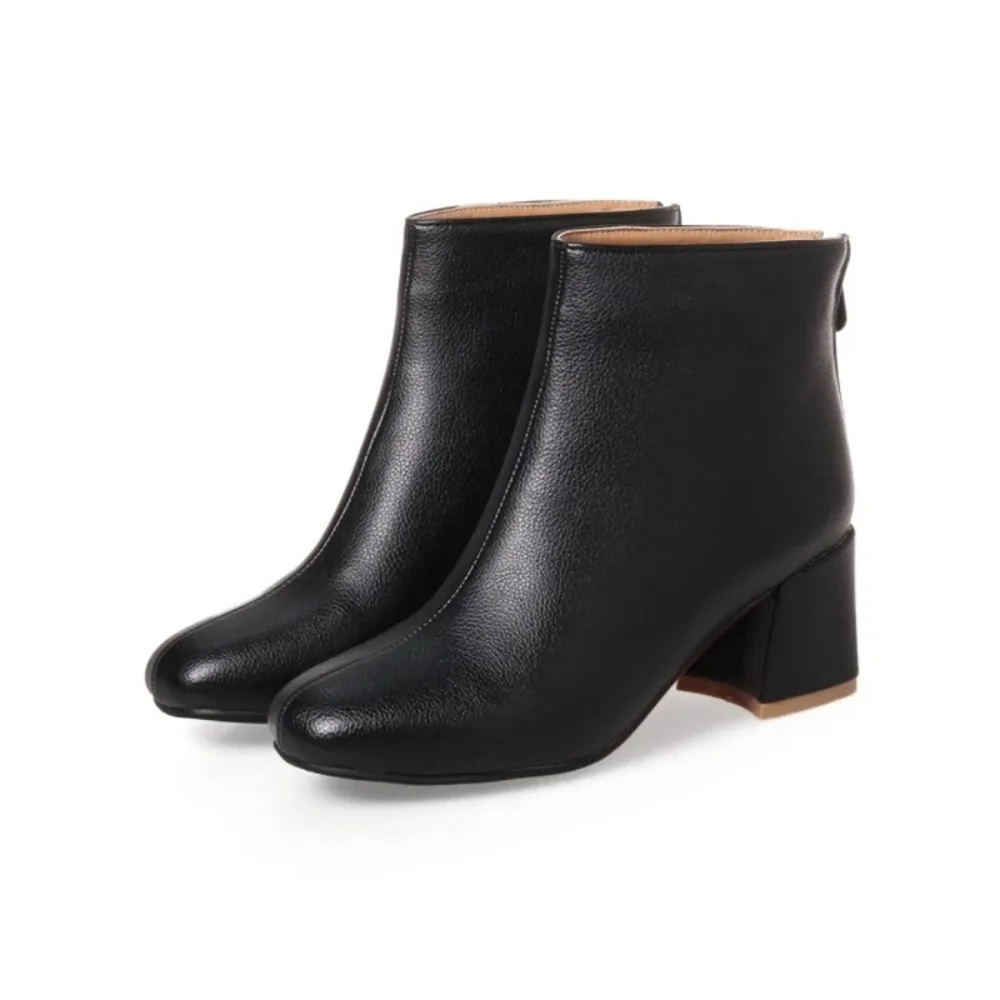 Autumn Winter Thick High Heels Zipper Sexy Womens Boots Feminina SquareToe Faux Leather White Ankle Boot Big size 32-46 17-24
