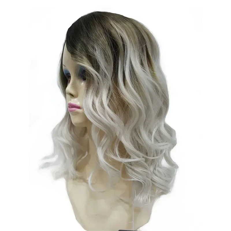 Kuat Wanita Wig Ombre Abu-abu Silver Akar Gelap Panjang Gaya Rambut Keriting dengan Bang Sintetis Penuh Wig