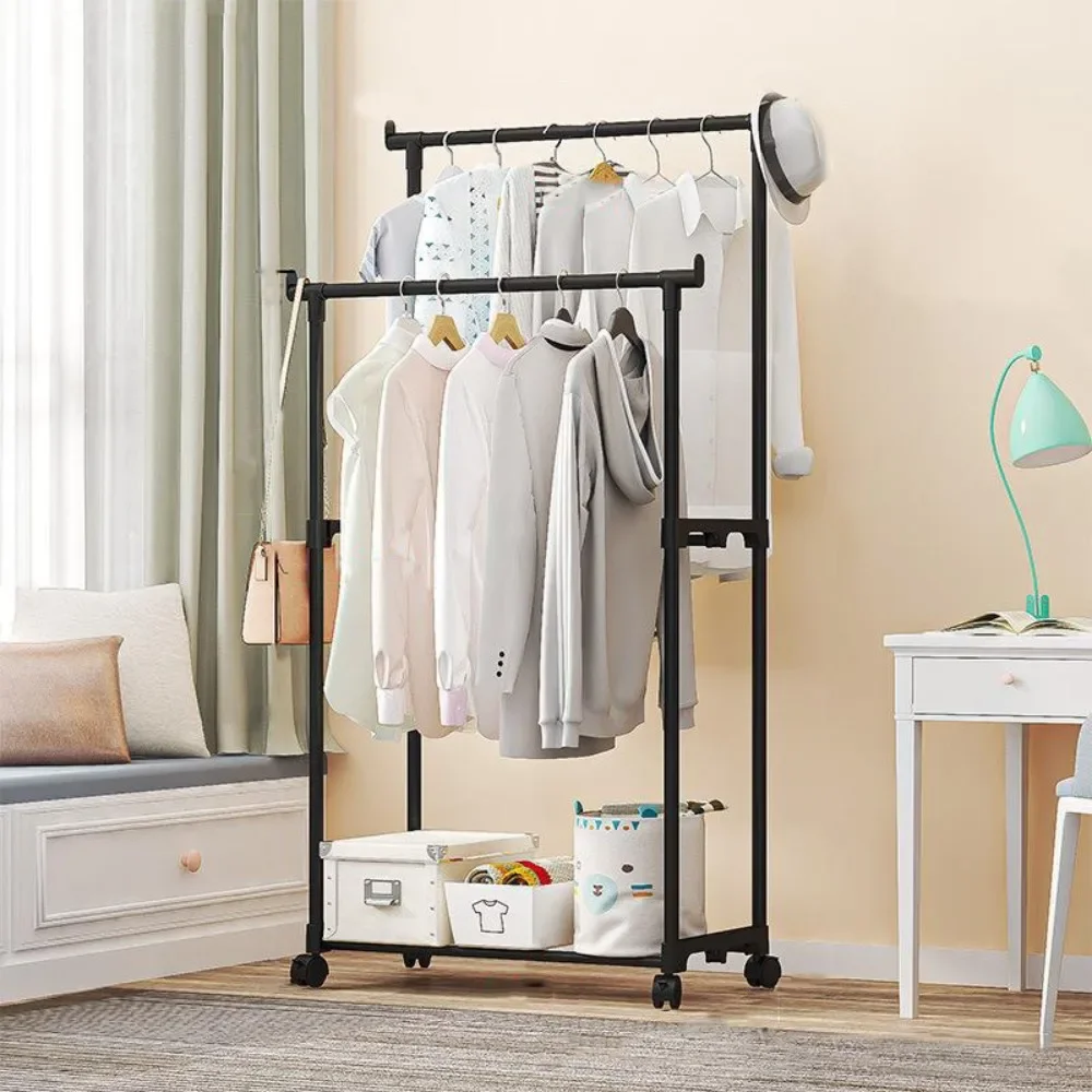 

Movable Coat Rack Double Rod Shoe Hat Integrated Rack Floor Standing Bedroom Hangers Simple Storage Clothes Shelf Coat Organizer