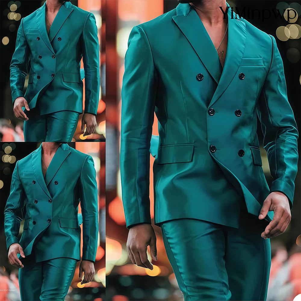 

YiMinpwp Turquoise Shiny Men's Suits Set Satin Formal Wedding Party Groom 2 Pieces Peaked Lapel Party Prom Tuxedos Suit XS-5XL