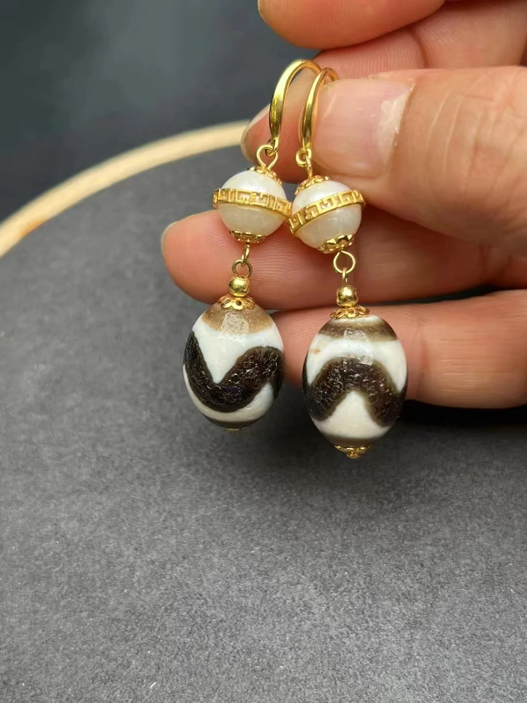 Tiger Tooth Old Agate Dzi Bead Pearl 925 Silver natural Stone Women's Earrings  jewelry accessories