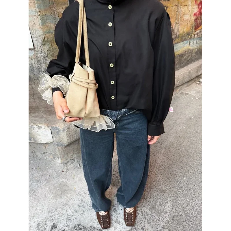 Women Stand Collar Shirt Organza Ruffle Cuff Contrast Button Loose Black Oversized Garment 2026 New Spring Casual Garment