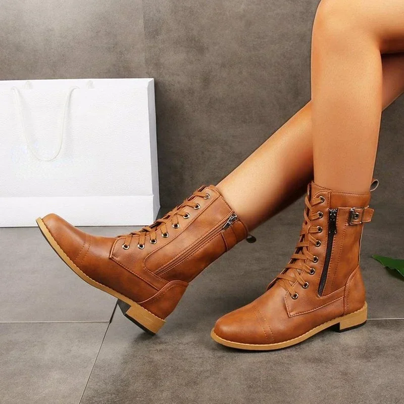 Brand Platform Heel Boots Women High Boots Casual Leather Shoes Autumn Winter  Round-toe Zipper Plus Size Ladies Shoes 2024