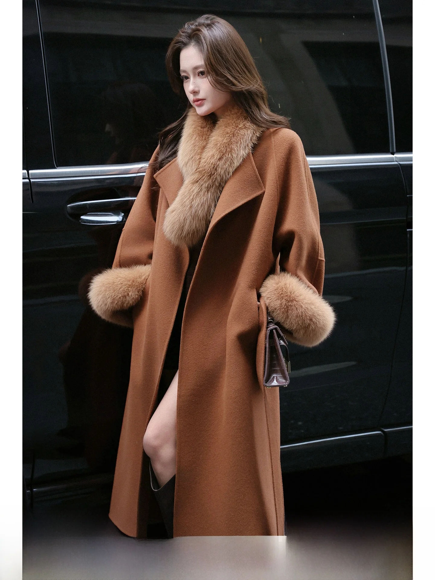 

Женское двустороннее шерстяное пальто Ele Aosphere с длинными меховыми манжетами из 100% австралийской шерсти, пушистое, тонкое, двустороннее