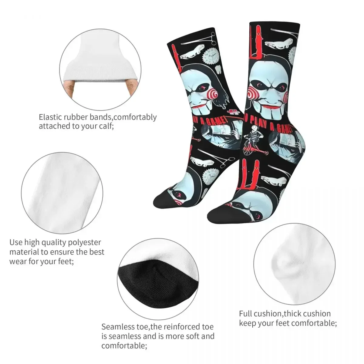 Funny Vintage SAW Movie Horror Football Socks Polyester Middle Tube Socks for Women Men Breathable