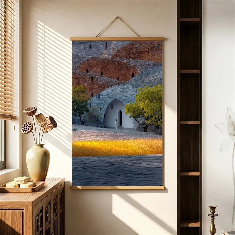 Wall Art Quiet Snow Villages and Rounded Mountain Fields, Soft Neutral Tone Pearlescent Canvas Hanging Scroll for Rural Hotel