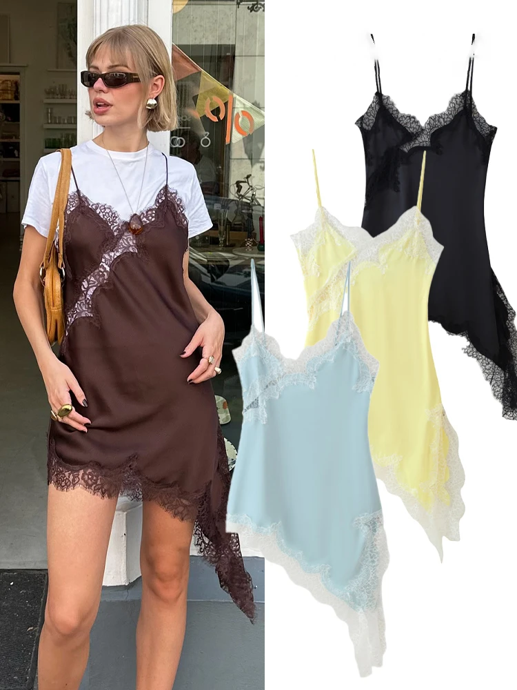 

HH 2025 Woman Fashion Sexy Backless V Neck Party Style Sleeveless Dress Female Chic Asymmetry Lace Decorate Slim Sling Dress