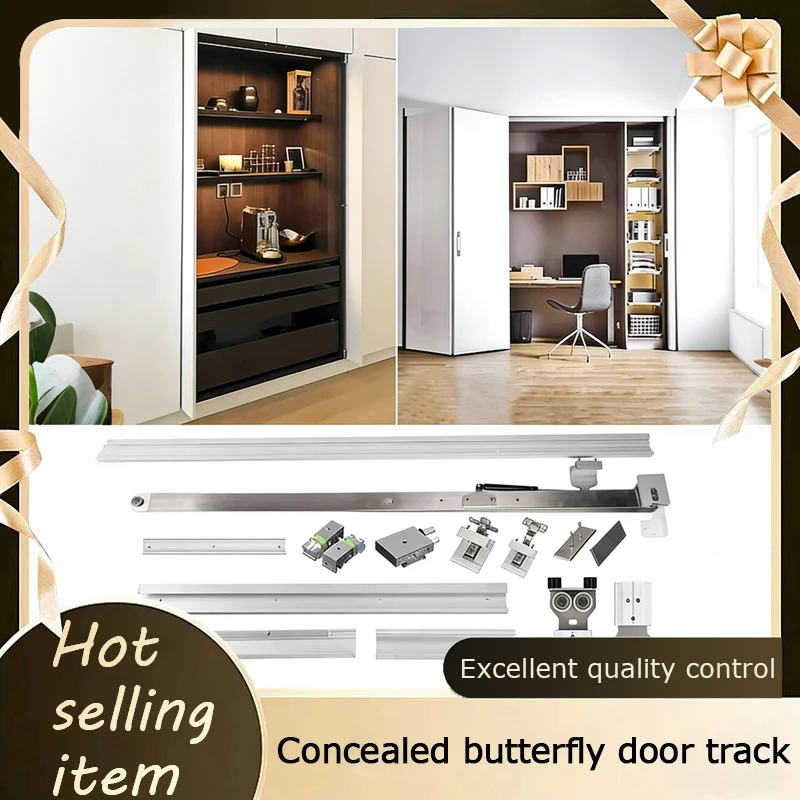 Concealed Folding Pocket Swivel Butterfly Door Track Insert Invisible Hardware For Wardrobe Cabinet Double Opening Four Door