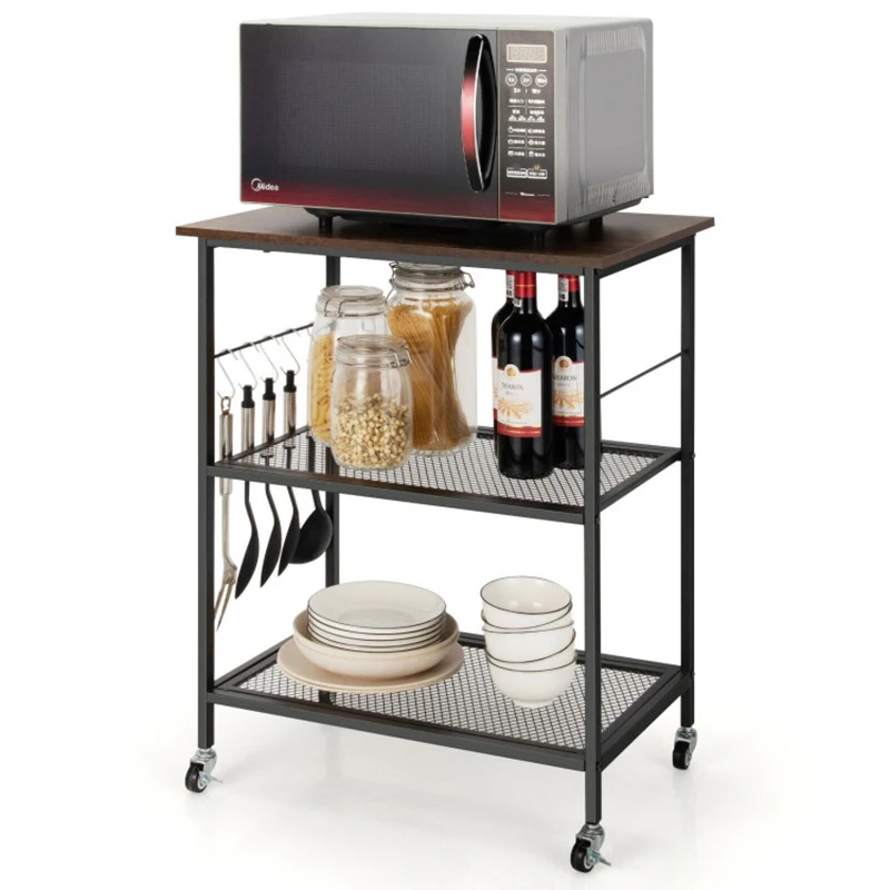 Durable Storage Rack 3-Tier Kitchen Serving Cart Utility Standing Microwave Rack with Hooks Spacious 3-tier Open Shelf Trolleys