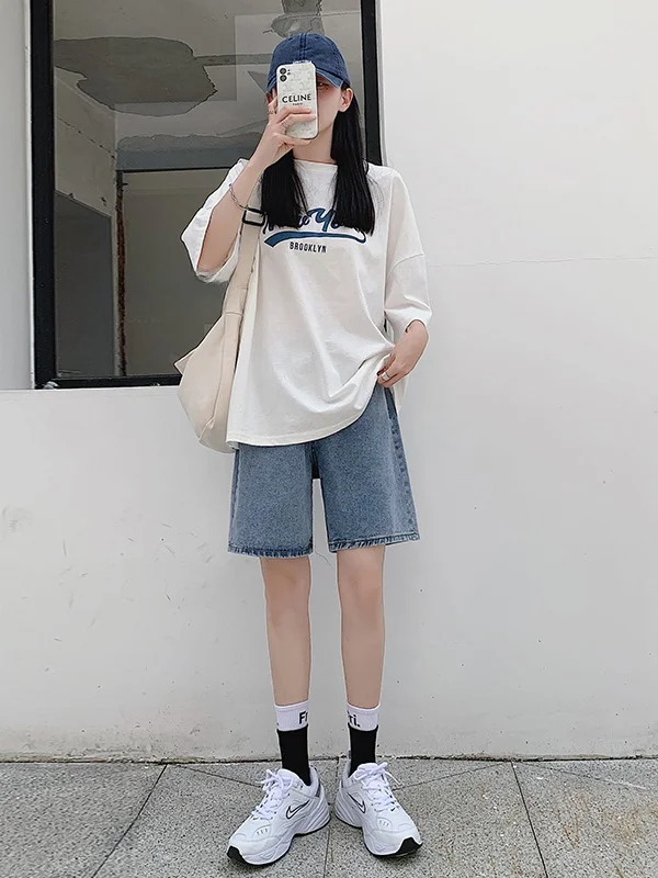 Taille haute cinq-quarts Denim orts femmes automne nouveau grande taille mince ample petite taille pantalon à jambes larges mi-long