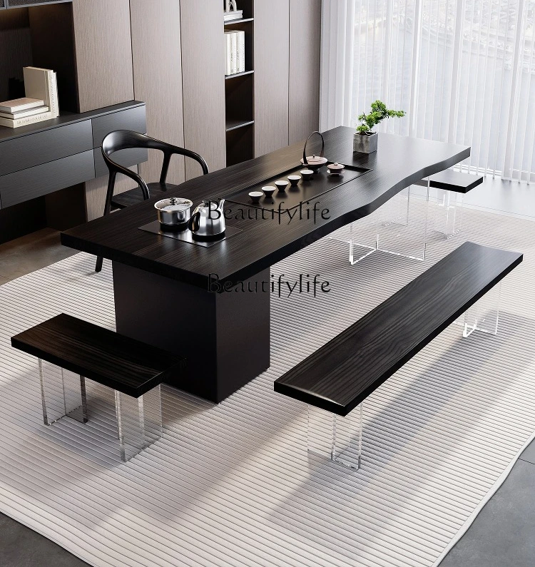 01Modern simple solid wood large board tea table integrated carbonized acrylic coffee table