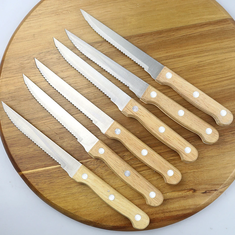 1/4/6/8-piece set of professional stainless steel steak knives, kitchen sawtooth main course knives, wooden handle bread knives