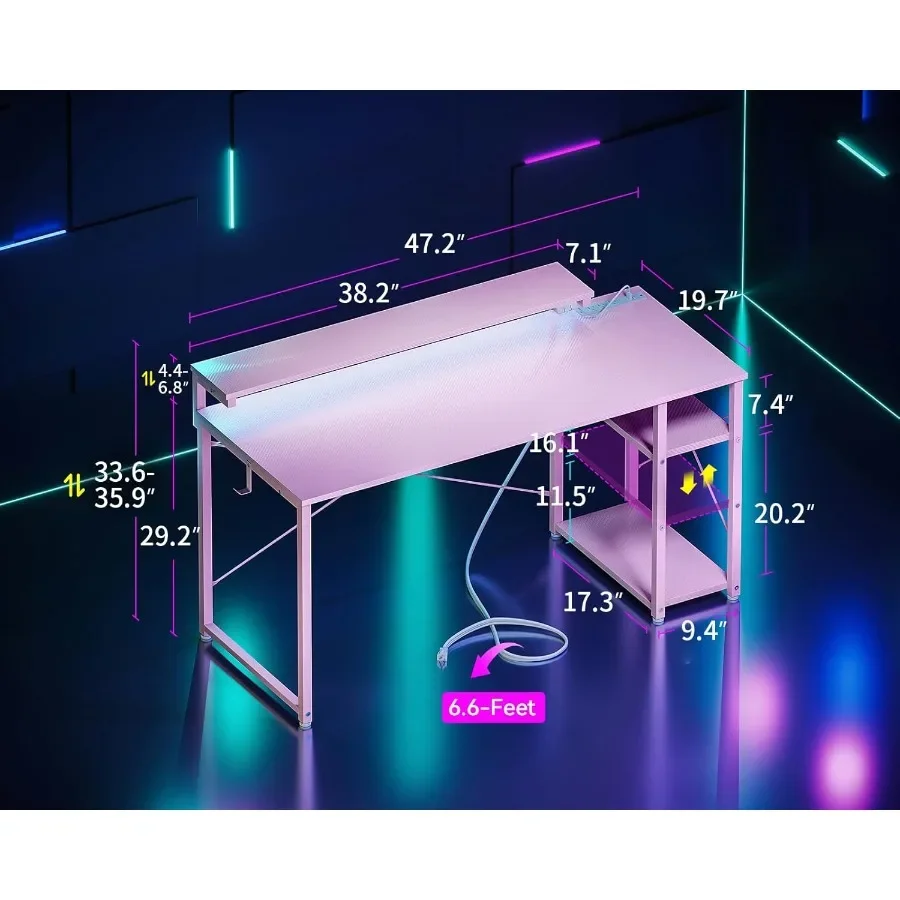 مكتب ألعاب مقاس 48 بوصة مع مخرج طاقة بمصابيح LED للتخزين المتكامل وحامل شاشة قابل للتعديل للاعبين والعمال عن بعد