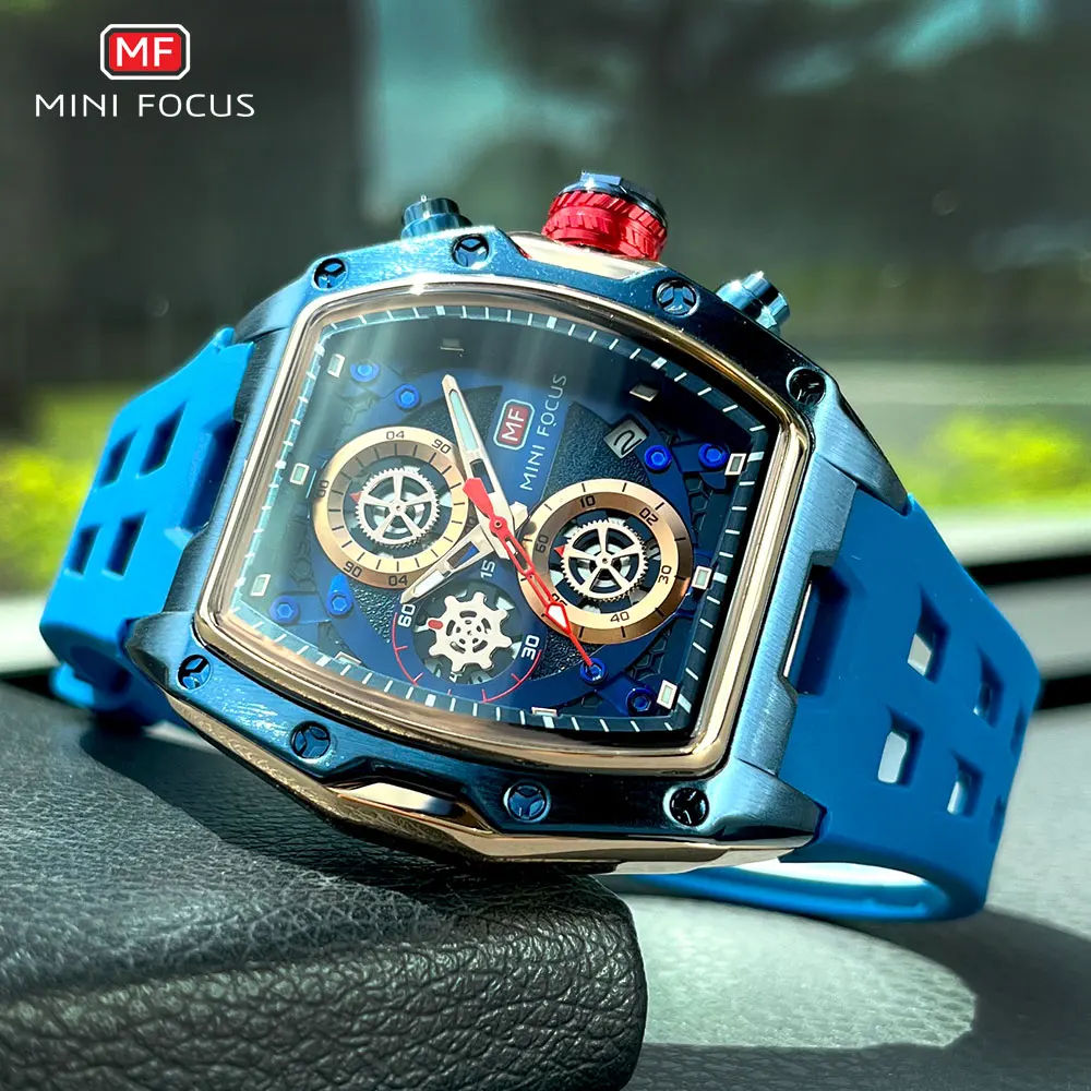 MINI FOCUS Blue Quartz Watch Men Fashion Military Sport Chronograph Wristwatch with Luminous Hands Auto Date Silicone Strap