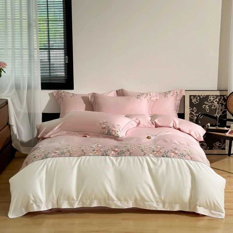 Pink White Patchwork Bedding Sets Luxury Flowers Embroidery Duvet Cover Set 100% Cotton Bed Sheet Mattress Cover Pillowcases