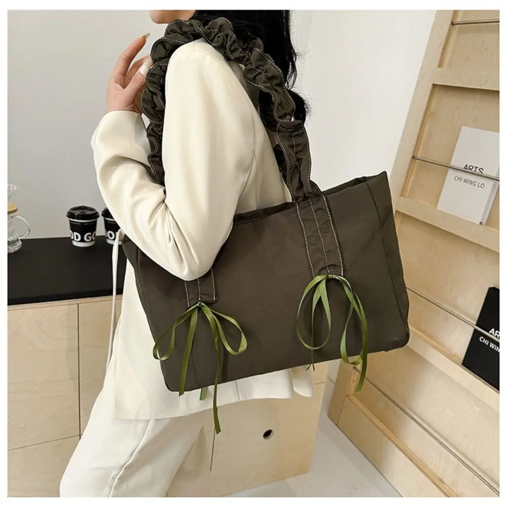 Creative Gift Large Capacity Handbags Harajuku Reusable Drawstring Bow Shoulder Bag Nylon Solid Color Tote Bag Daily Use
